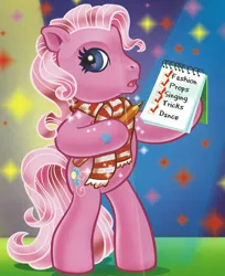 Size: 1504x1846 | Tagged: safe, artist:carlo loraso, derpibooru import, official, pinkie pie (g3), earth pony, pony, bipedal, clothes, cropped, g3, holiday talent show, image, notepad, pencil, png, scan, scarf, solo, stage fright