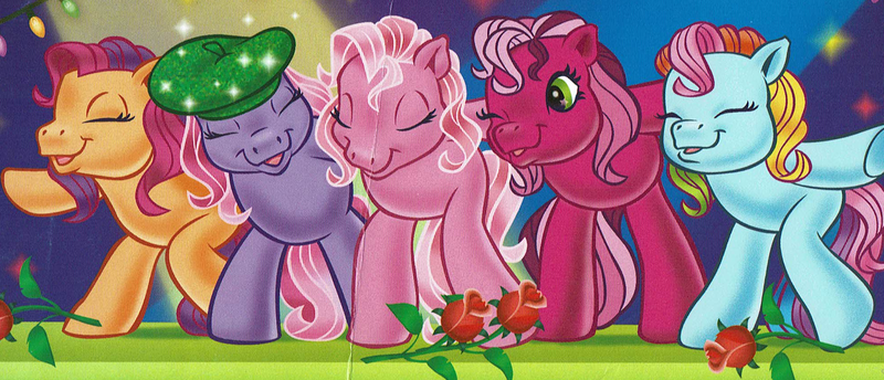 Size: 1969x847 | Tagged: safe, artist:carlo loraso, derpibooru import, official, cheerilee (g3), pinkie pie (g3), rainbow dash (g3), scootaloo (g3), starsong, earth pony, pegasus, pony, cropped, flower, g3, group, holiday talent show, image, png, rose, scan, stage