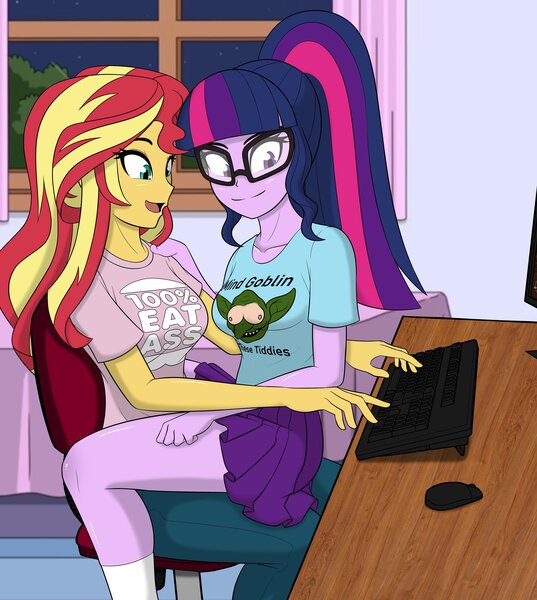 Size: 3669x4096 | Tagged: suggestive, artist:pshyzomancer, colorist:joe manginini, derpibooru import, sci-twi, sunset shimmer, twilight sparkle, mouse, equestria girls, breasts, chair, clothes, female, gamer sunset, glasses, image, jpeg, keyboard, lesbian, nipples, nudity, pun, scitwishimmer, shipping, shirt, skirt, sunsetsparkle