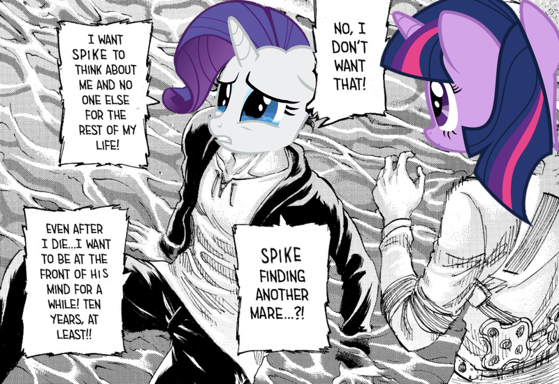 Size: 1251x859 | Tagged: safe, derpibooru import, edit, rarity, spike, twilight sparkle, pony, unicorn, a dog and pony show, attack on titan, crying, duo, female, image, implied spike, male, manga, png, shipping, sparity, spoilers for another series, straight