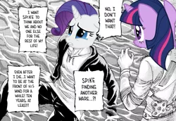 Size: 1251x859 | Tagged: safe, derpibooru import, edit, rarity, spike, twilight sparkle, pony, unicorn, a dog and pony show, attack on titan, crying, duo, female, image, implied spike, male, manga, png, shipping, sparity, spoilers for another series, straight