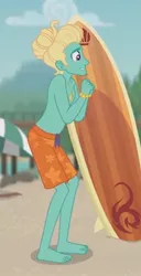 Size: 737x1440 | Tagged: safe, derpibooru import, screencap, gladys, zephyr breeze, blue crushed, equestria girls, equestria girls series, barefoot, clothes, cropped, feet, image, jpeg, legs, male, partial nudity, shorts, smiling, sunglasses, surfboard, swimming trunks, swimsuit, topless, zephyr's necklace