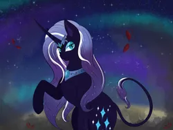 Size: 4000x3000 | Tagged: safe, artist:cresentmadness, derpibooru import, nightmare rarity, pony, unicorn, blue eyes, collar, colored pupils, crown, ethereal mane, female, gem, horn, image, jewelry, lidded eyes, long horn, looking at you, moon, png, purple mane, regalia, signature, smiling, solo, space, starry mane, starry tail, stars, tail