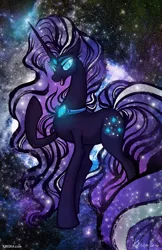 Size: 647x1000 | Tagged: safe, artist:kiriska, derpibooru import, nightmare rarity, pony, unicorn, blue eyes, collar, colored pupils, crown, ethereal mane, eyelashes, female, flowing mane, flowing tail, gem, glow, glowing eyes, horn, image, jewelry, jpeg, long horn, looking at you, open mouth, purple mane, purple tail, regalia, signature, smiling, solo, space, starry mane, starry tail, stars, tail