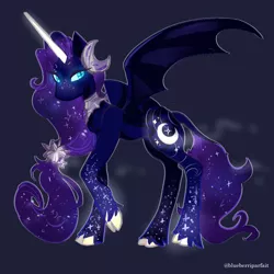 Size: 1100x1100 | Tagged: safe, artist:blueberriparfait, derpibooru import, princess luna, alicorn, bat pony, hybrid, pony, bat wings, blue background, blue eyes, ethereal mane, female, flowing mane, flowing tail, freckles, glow, glowing eyes, horn, image, long horn, looking at you, png, simple background, solo, spread wings, starry mane, starry tail, tail, unshorn fetlocks, wings