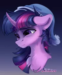 Size: 1500x1800 | Tagged: safe, artist:mithriss, derpibooru import, twilight sparkle, pony, bust, chest fluff, female, floppy ears, hat, image, mare, png, solo, tired