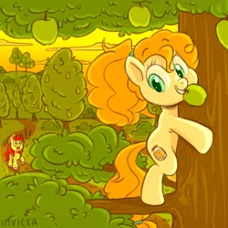 Size: 1280x1280 | Tagged: safe, artist:imvicka, derpibooru import, bright mac, pear butter, earth pony, pony, apple, apple tree, brightbutter, climbing, exclamation point, female, food, image, jpeg, male, mouth hold, pear tree, shipping, smiling, straight, teenager, tree