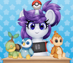 Size: 386x335 | Tagged: safe, artist:partylikeanartist, derpibooru import, oc, oc:indigo wire, chimchar, piplup, pony, turtwig, unicorn, animated, button eyes, diamond and pearl, eyebrows, eyebrows visible through hair, gif, image, live2d, looking at you, nintendo switch, open mouth, plushie, pokemon diamond, pokemon pearl, pokéball, pokémon, ponytail, smiling, solo, the shield, vtuber