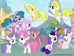 Size: 1024x768 | Tagged: safe, artist:andromendaskies, derpibooru import, baby glory, baby half note, baby lickety split, baby lofty, baby moondancer, baby ribbon, baby surprise, ember (g1), sweetie belle, sweetie belle (g3), earth pony, pegasus, pony, unicorn, baby, baby adoraprise, baby dancerbetes, baby glorybetes, baby hawwlf note, baby licketybetes, baby loftybetes, baby pony, baby ribbondorable, cute, dancing, diasweetes, ember (pink), female, filly, flying, g1, g1 emberbetes, g1 to g4, g3, g3 diasweetes, g3 to g4, g4, generation leap, generations, grin, group, image, on top, open mouth, open smile, png, ponyville, recolor, running, sitting, smiling