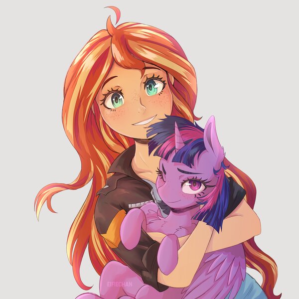 Size: 4000x4000 | Tagged: safe, artist:katakiuchi4u, derpibooru import, sunset shimmer, twilight sparkle, twilight sparkle (alicorn), alicorn, pony, equestria girls, chest fluff, duo, female, freckles, holding a pony, image, jpeg, looking at you, simple background, smiling, white background