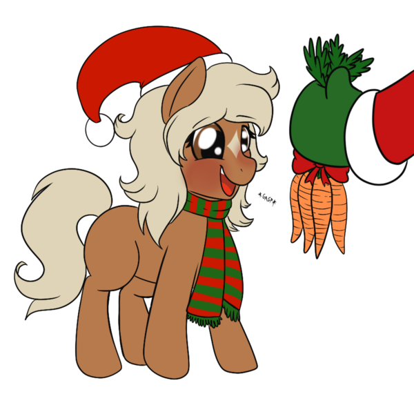 Size: 886x886 | Tagged: artist needed, safe, derpibooru import, oc, oc:anon, ponified, ponified:verity, unofficial characters only, earth pony, pony, blushing, bow, carrot, christmas, clothes, eyes on the prize, female, filly, food, hat, holiday, image, mare, open mouth, open smile, png, present, santa hat, scarf, simple background, smiling, transparent background, verity