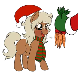 Size: 886x886 | Tagged: artist needed, safe, derpibooru import, oc, oc:anon, ponified, ponified:verity, unofficial characters only, earth pony, pony, blushing, bow, carrot, christmas, clothes, eyes on the prize, female, filly, food, hat, holiday, image, mare, open mouth, open smile, png, present, santa hat, scarf, simple background, smiling, transparent background, verity