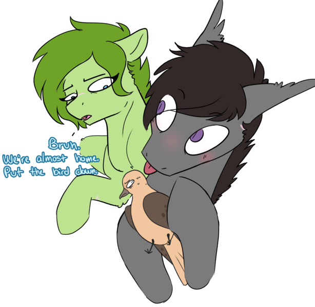 Size: 3304x3227 | Tagged: safe, artist:cold blight, derpibooru import, oc, oc:lief, oc:windwalker, unofficial characters only, bat pony, bird, dove, :p, bat pony oc, bat wings, blushing, bruh, cute, dialogue, ear fluff, holding, image, looking back, mourning dove, png, silly, simple background, tongue out, transparent background, windsong, wings