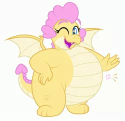 Size: 3458x3352 | Tagged: safe, artist:aleximusprime, derpibooru import, oc, oc:buttercream the dragon, dragon, flurry heart's story, belly, big belly, chubby, cute, dragoness, dragon oc, fat, female, hand on hip, image, jpeg, looking at you, one eye closed, patting, plump, wink