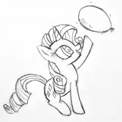 Size: 1296x1289 | Tagged: safe, artist:mizhisha, derpibooru import, rarity, balloon, black and white, grayscale, image, jpeg, monochrome, pencil drawing, sketch, solo, that pony sure does love balloons, traditional art