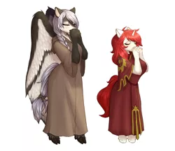 Size: 3700x3200 | Tagged: safe, artist:xaelthebunny, derpibooru import, oc, oc:elegy, oc:taka, unofficial characters only, anthro, pegasus, unicorn, clothes, cloven hooves, eyes closed, habit, image, nun, png, praying, robe