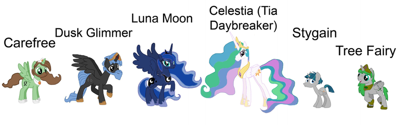 Size: 1280x403 | Tagged: safe, artist:chanyhuman, derpibooru import, princess celestia, princess luna, stygian, oc, oc:prince carefree, oc:prince dusk glimmer, oc:princess tree fairy, alicorn, pony, adhd, alicorn oc, alicorn stygain, autism, backstory, color blindness, description, description is relevant, development, deviantart, disability, disability headcanon, down syndrome, dyslexia, headcanon, horn, image, jpeg, link in description, luna moon, origins, positive body image, secrets, simple background, story included, student, stuttering, tia daybreaker, white background, wings