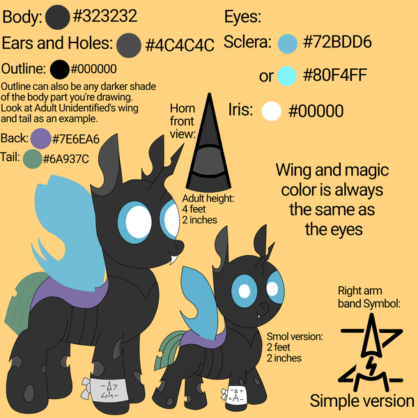 Size: 2000x2000 | Tagged: safe, artist:theunidentifiedchangeling, derpibooru import, oc, oc:[unidentified], changeling, arm band, buggo, changeling oc, digital art, fangs, foal, horn, image, looking at you, male, png, reference sheet, simple background, smiling, smiling at you, solo, standing, symbol, three quarter view, wings