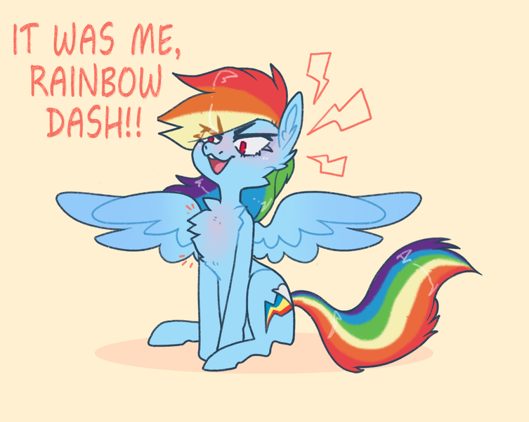 Size: 2048x1632 | Tagged: safe, artist:possumpupper, derpibooru import, edit, rainbow dash, pegasus, pony, cheek fluff, chest fluff, cute, dashabetes, dialogue, dio brando, ear fluff, female, image, it was me, it was me dio, jojo's bizarre adventure, meme, open mouth, png, simple background, solo, spread wings, text, wings