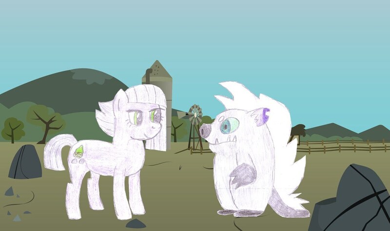 Size: 1024x608 | Tagged: safe, artist:e-49, artist:ewxep, derpibooru import, grubber, limestone pie, earth pony, hedgehog, pony, my little pony: the movie, duo, image, jpeg, mlp fim's eleventh anniversary, rock farm