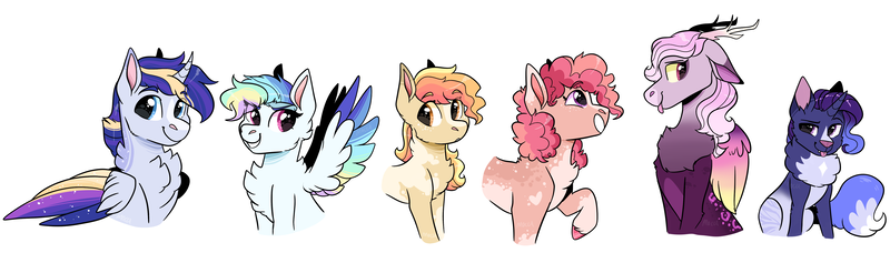 Size: 4854x1435 | Tagged: safe, artist:moccabliss, derpibooru import, oc, oc:evening moon, oc:morning glory, oc:polychrome, oc:royal blue, oc:strawberry delight, alicorn, earth pony, hybrid, pegasus, pony, female, image, interspecies offspring, male, mare, offspring, parent:applejack, parent:capper, parent:capper dapperpaws, parent:caramel, parent:cheese sandwich, parent:discord, parent:flash sentry, parent:fluttershy, parent:pinkie pie, parent:rainbow dash, parent:rarity, parent:soarin', parent:twilight sparkle, parents:capperity, parents:carajack, parents:cheesepie, parents:discoshy, parents:flashlight, parents:soarindash, png, simple background, stallion, white background