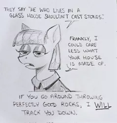 Size: 1947x2048 | Tagged: safe, artist:mellodillo, derpibooru import, maud pie, earth pony, pony, bust, dialogue, female, grayscale, image, jpeg, lidded eyes, mare, monochrome, pencil drawing, solo, traditional art