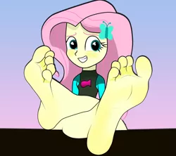 Size: 1280x1135 | Tagged: suggestive, artist:moodina, derpibooru import, fluttershy, human, equestria girls, barefoot, clothes, cute, feet, fetish, foot fetish, grin, happy, image, jpeg, looking at you, smiling, smiling at you, soles, swimsuit, toes