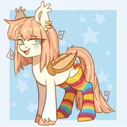 Size: 983x984 | Tagged: safe, artist:cheekipone, derpibooru import, oc, oc:honey milk, unofficial characters only, bat pony, pony, bat pony oc, bat wings, blushing, clothes, ear piercing, earring, image, jewelry, jpeg, looking at you, piercing, smiling, socks, solo, striped socks, thigh highs, unshorn fetlocks, wings