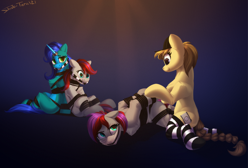 Size: 1168x794 | Tagged: suggestive, artist:shido-tara, derpibooru import, oc, oc:amy bolt, oc:liz (cardshark777), oc:marie bolt, unofficial characters only, earth pony, pony, unicorn, bondage, chest fluff, clothes, commission, female, females only, femsub, gag, hat, hooves behind back, horn, horn ring, image, jewelry, png, quartet, ring, rope, rope bondage, smiling, sock gag, socks, submissive, unamused