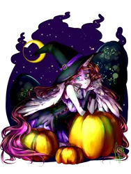 Size: 2121x2828 | Tagged: safe, artist:kimik-a, derpibooru import, oc, alicorn, anthro, alicorn oc, clothes, crescent moon, dress, female, hat, horn, image, moon, png, pumpkin, signature, simple background, transparent background, transparent moon, wings, witch hat