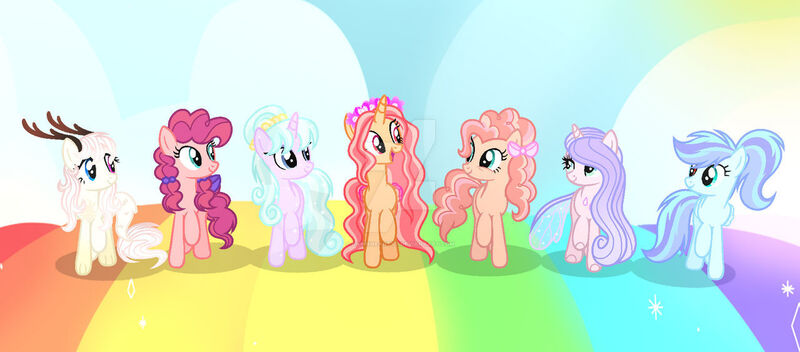 Size: 1280x563 | Tagged: safe, artist:dawnheartyt, derpibooru import, oc, unofficial characters only, hybrid, pony, unicorn, all bottled up, base used, best friends until the end of time, deviantart watermark, eyelashes, female, horn, image, interspecies offspring, jpeg, mare, obtrusive watermark, offspring, parent:big macintosh, parent:cheese sandwich, parent:discord, parent:fluttershy, parent:pinkie pie, parent:rainbow dash, parent:soarin', parent:sugar belle, parent:sweetie belle, parents:canon x oc, parents:cheesepie, parents:discoshy, parents:soarindash, parents:sugarmac, rainbow, smiling, unicorn oc, watermark