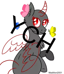 Size: 825x960 | Tagged: safe, artist:madlilon2051, derpibooru import, oc, alicorn, butterfly, insect, pony, alicorn oc, chest fluff, commission, ear fluff, eyelashes, horn, image, looking back, png, simple background, smiling, solo, transparent background, wings, your character here