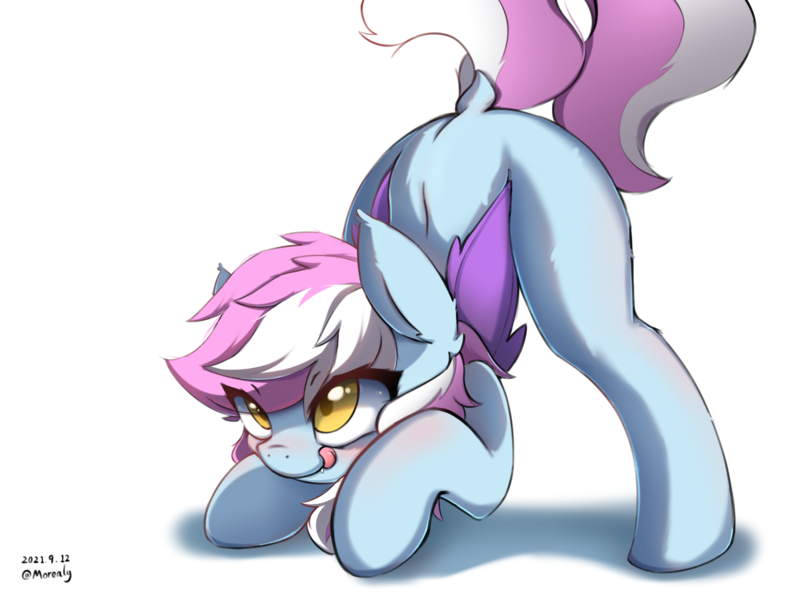 Size: 4000x3000 | Tagged: safe, artist:morealy, derpibooru import, oc, oc:woodgu, bat pony, pony, behaving like a cat, blushing, dock, female, image, licking, licking lips, mare, png, simple background, solo, tail, tongue out