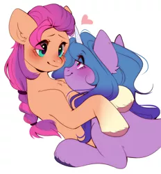 Size: 1002x1078 | Tagged: safe, artist:pledus, derpibooru import, izzy moonbow, sunny starscout, my little pony: a new generation, spoiler:my little pony: a new generation, blushing, cuddling, female, g5, heart, image, izzyscout, lesbian, looking at each other, png, shipping, simple background, white background