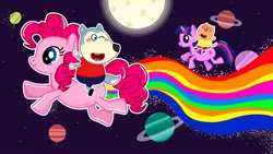 Size: 1280x720 | Tagged: safe, derpibooru import, pinkie pie, twilight sparkle, cat, earth pony, unicorn, wolf, elsagate, image, jpeg, moon, peppa pig, planet, rainbow, riding a pony, saturn, space, unicorn twilight, wat, why, wolfoo, youtube link, youtube thumbnail