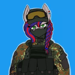 Size: 2170x2170 | Tagged: safe, artist:syntiset, derpibooru import, oc, oc:batista, unofficial characters only, anthro, earth pony, anthro oc, anti fragmentation glasses, armor, bags, balaclava, braid, camouflage, cap, clothes, colored sketch, commission, earth pony oc, flecktarn, glasses, goggles, green eyes, hat, image, looking at you, military, military uniform, multicolored hair, multicolored mane, piercing, plate carrier, png, simple background, sketch, solo, tactical, uniform