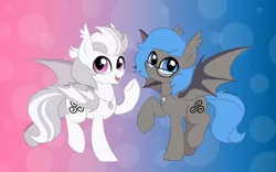 Size: 4500x2812 | Tagged: safe, artist:madcloudlet, derpibooru import, oc, oc:jizlez, oc:nobrony, unofficial characters only, bat pony, pony, bat wings, cutie mark, duo, duo male, fangs, glasses, high res, image, jewelry, male, necklace, png, simple background, smiling, wings