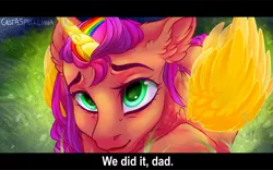 Size: 1280x801 | Tagged: safe, artist:castaspellliana, derpibooru import, sunny starscout, alicorn, pony, my little pony: a new generation, artificial horn, artificial wings, augmented, dialogue, g5, horn, image, implied argyle, magic, magic horn, magic wings, multicolored hair, png, rainbow hair, sunnycorn, text, wings