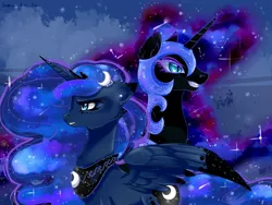 Size: 1400x1050 | Tagged: safe, artist:jamoka-rai-kou, derpibooru import, nightmare moon, princess luna, alicorn, pony, blue background, blue eyes, blue tail, colored pupils, crown, deviantart watermark, ear fluff, ethereal mane, eyelashes, female, flowing mane, folded wings, glow, grin, helmet, horn, image, jewelry, jpeg, obtrusive watermark, regalia, signature, simple background, smiling, sparkles, starry mane, starry tail, stars, tail, teeth, watermark, wings