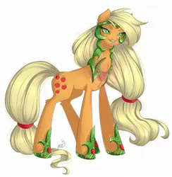 Size: 2109x2160 | Tagged: safe, artist:jamoka-rai-kou, derpibooru import, applejack, earth pony, pony, armor, grin, image, jpeg, nightmare applejack, nightmarified, simple background, smiling, solo, white background