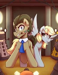 Size: 1000x1286 | Tagged: safe, artist:shadowreindeer, derpibooru import, derpy hooves, doctor whooves, time turner, earth pony, pegasus, pony, crossover, dalek, doctor who, female, image, jpeg, male, mare, sonic screwdriver, stallion