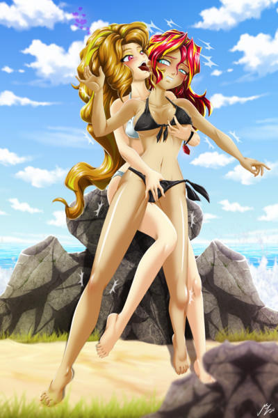 Size: 2000x2998 | Tagged: questionable, alternate version, artist:mauroz, derpibooru import, adagio dazzle, sunset shimmer, human, a-domme-gio, anime, barefoot, beach, belly button, beneath clothes, bikini, bikini top, blushing, breasts, clothes, cloud, commission, dubious consent, ear licking, erect nipples, eyeshadow, feet, female, females only, femdom, femsub, fondling, gritted teeth, grope, hand in underwear, humanized, image, imminent sex, implied fingering, leg love, lesbian, licking, makeup, nipple outline, ocean, offscreen sex, png, sex on the beach, shipping, shrunken pupils, side-tie bikini, sky, softcore, submissive, subset, sunsagio, swimsuit, tongue out, underwear, water