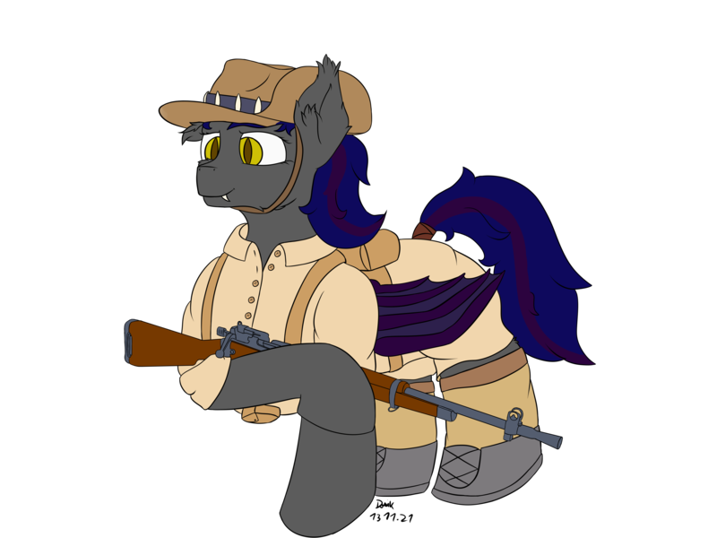 Size: 4000x3000 | Tagged: safe, artist:donnik, derpibooru import, edit, oc, oc:firestarter, unofficial characters only, bat pony, pony, australian, clothes, image, lee enfield, png, simple background, solo, transparent background, uniform