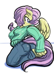 Size: 2048x2732 | Tagged: safe, artist:fauxsquared, artist:kitsugar01, derpibooru import, fluttershy, anthro, butt, clothes, image, jpeg, looking back, pants, solo, spread wings, sweater, trixie is magic, wings