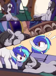 Size: 2300x3100 | Tagged: safe, artist:imadeus, derpibooru import, octavia melody, vinyl scratch, earth pony, unicorn, bags under eyes, bush, carpet, comic, cutie mark, door, exhausted, floor, image, jpeg, messy mane, moon, night, patreon, ponyville, sky, sniffing, tongue out, window