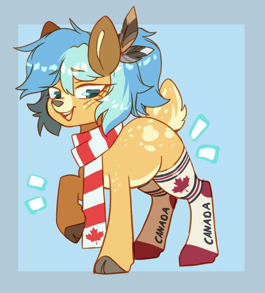 Size: 942x1042 | Tagged: safe, artist:cheekipone, derpibooru import, oc, oc:chime, unofficial characters only, deer, deer pony, original species, canada, clothes, feather in hair, image, jpeg, scarf, smiling, socks