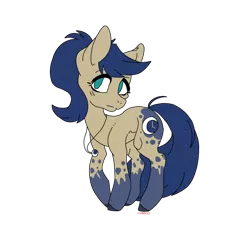 Size: 894x894 | Tagged: safe, artist:princessmoonlight, derpibooru import, oc, oc:midnight timeline, earth pony, blue hoofs, blue mane, blue spots, brown coat, clock, cutie mark, green eyes, head to side, image, jewelry, moon, necklace, png, shy expression, simple background, standing, stars in mane, strait mouth, transparent background