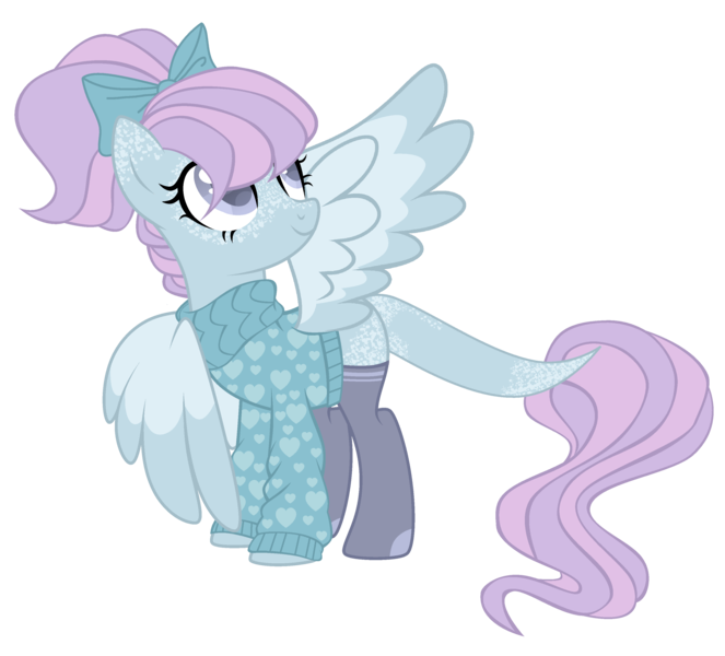 Size: 3234x2925 | Tagged: safe, artist:magicdarkart, derpibooru import, oc, oc:iris breeze, unofficial characters only, pegasus, pony, bow, clothes, female, freckles, hair bow, image, leonine tail, mare, png, simple background, socks, solo, stockings, sweater, tail, thigh highs, transparent background