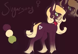 Size: 975x684 | Tagged: safe, artist:princessmoonlight, derpibooru import, oc, oc:sugersong, earth pony, bowtie, colored background, color pallet, dark brown coat, gradient mane, green eyes, image, light brown hooves, png, smiling, standing