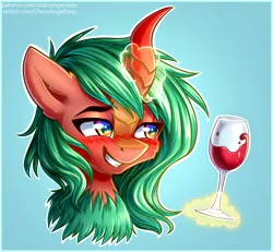 Size: 3804x3508 | Tagged: safe, artist:chaosangeldesu, derpibooru import, kirin oc, oc, oc:selketo, kirin, alcohol, blushing, bust, commission, image, png, portrait, solo, wine